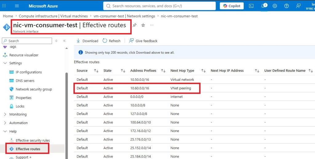 VNet Peering Cross-Tenant no Azure: conectando VNets entre tenants diferentes na prática Rota efetiva da NIC da VM Consumer exibindo NextHopType VNetPeering para a rede Provider.