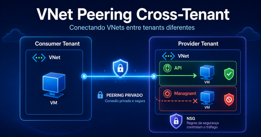 VNet Peering Cross-Tenant no Azure: conectando VNets entre tenants diferentes na prática Ilustração de VNet Peering Cross-Tenant no Azure mostrando uma VNet Consumer conectada a uma VNet Provider em tenants diferentes, com acesso permitido à API e bloqueio da subnet de Management por NSG.