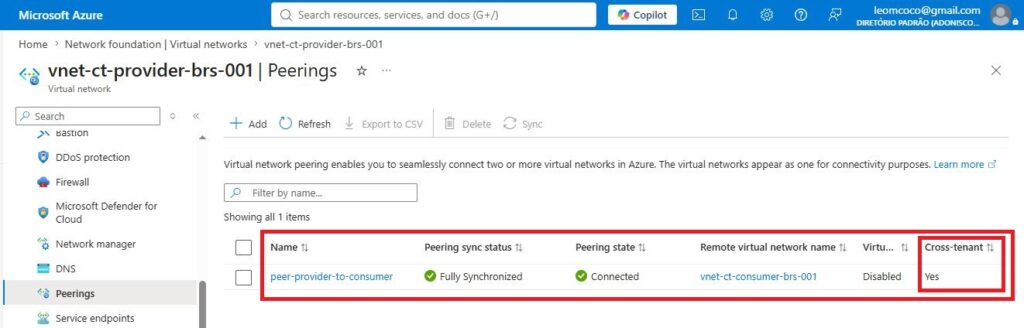 VNet Peering Cross-Tenant no Azure: conectando VNets entre tenants diferentes na prática Peering cross-tenant no lado Provider com estado Connected e sincronização Fully Synchronized.