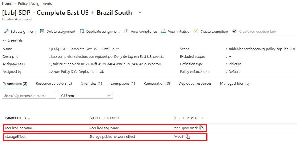 Texto alternativo sugerido: Azure Policy assignment mostrando requiredTagName como sdp-governed e storageEffect como Audit.