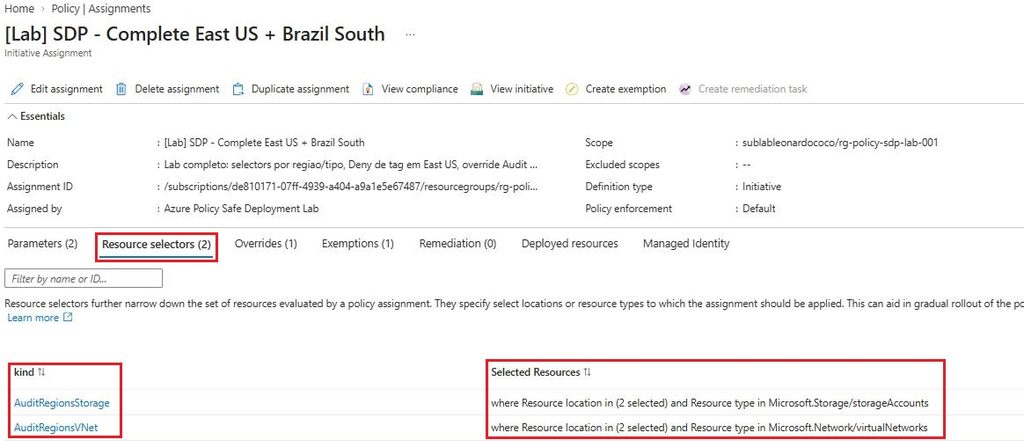 Resource Selectors para Storage Accounts e VNets em East US e Brazil South.