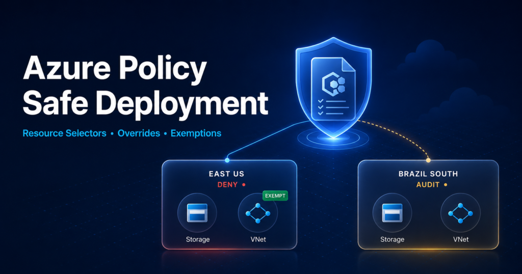 Azure Policy Safe Deployment com Storage em Audit nas duas regiões, policy de tag em Deny no East US e Audit no Brazil South, com exemption aplicada a uma VNet